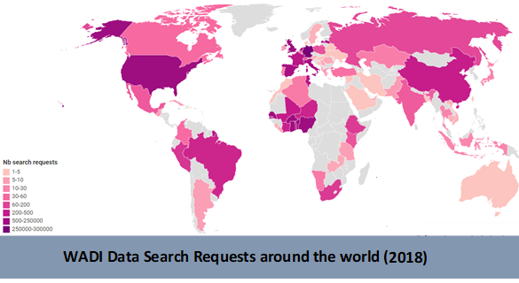 Map of WADI data search requests around the world in 2018